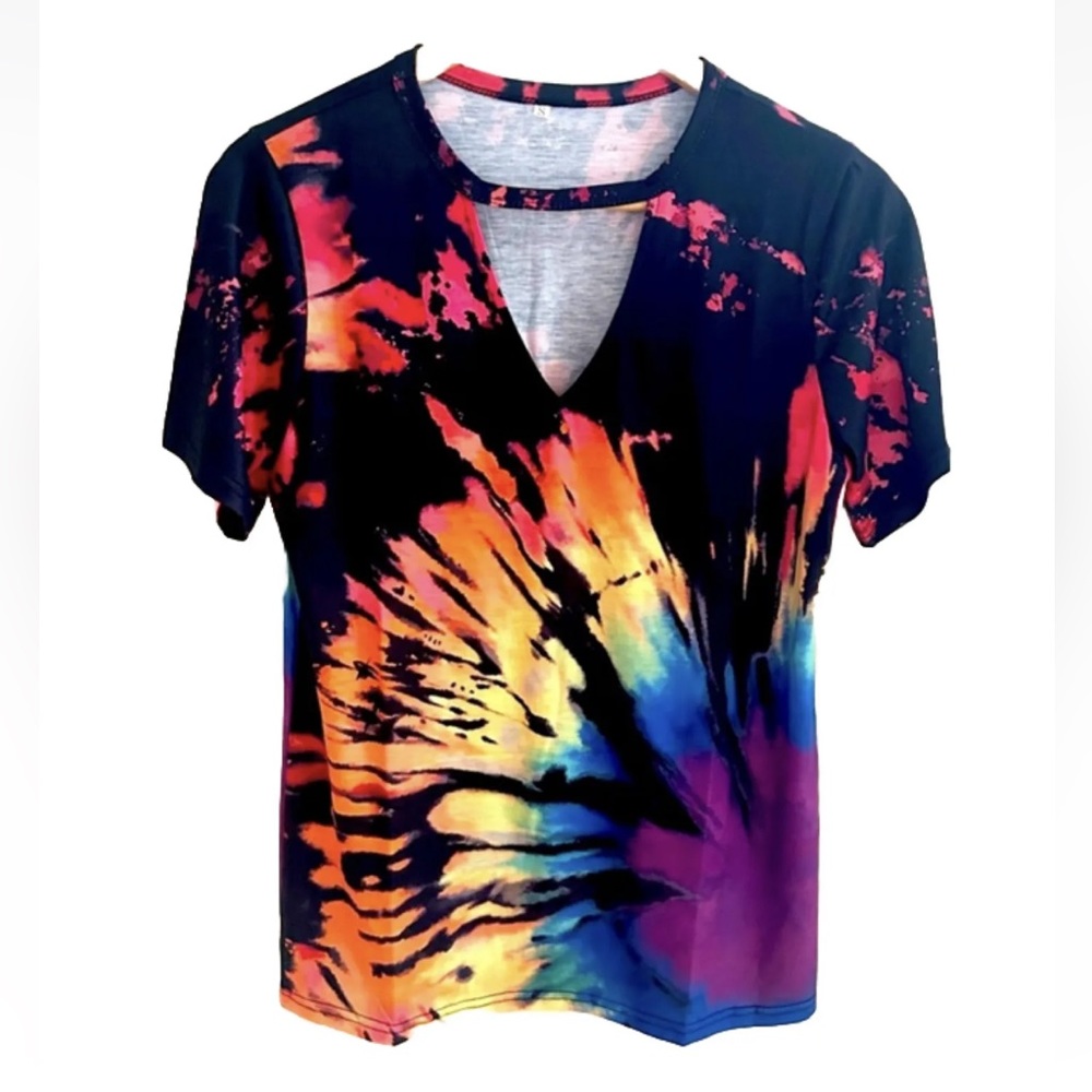 Black Multicolor Tie Dye Cut out Neckline T Shirt NEW- Size Small